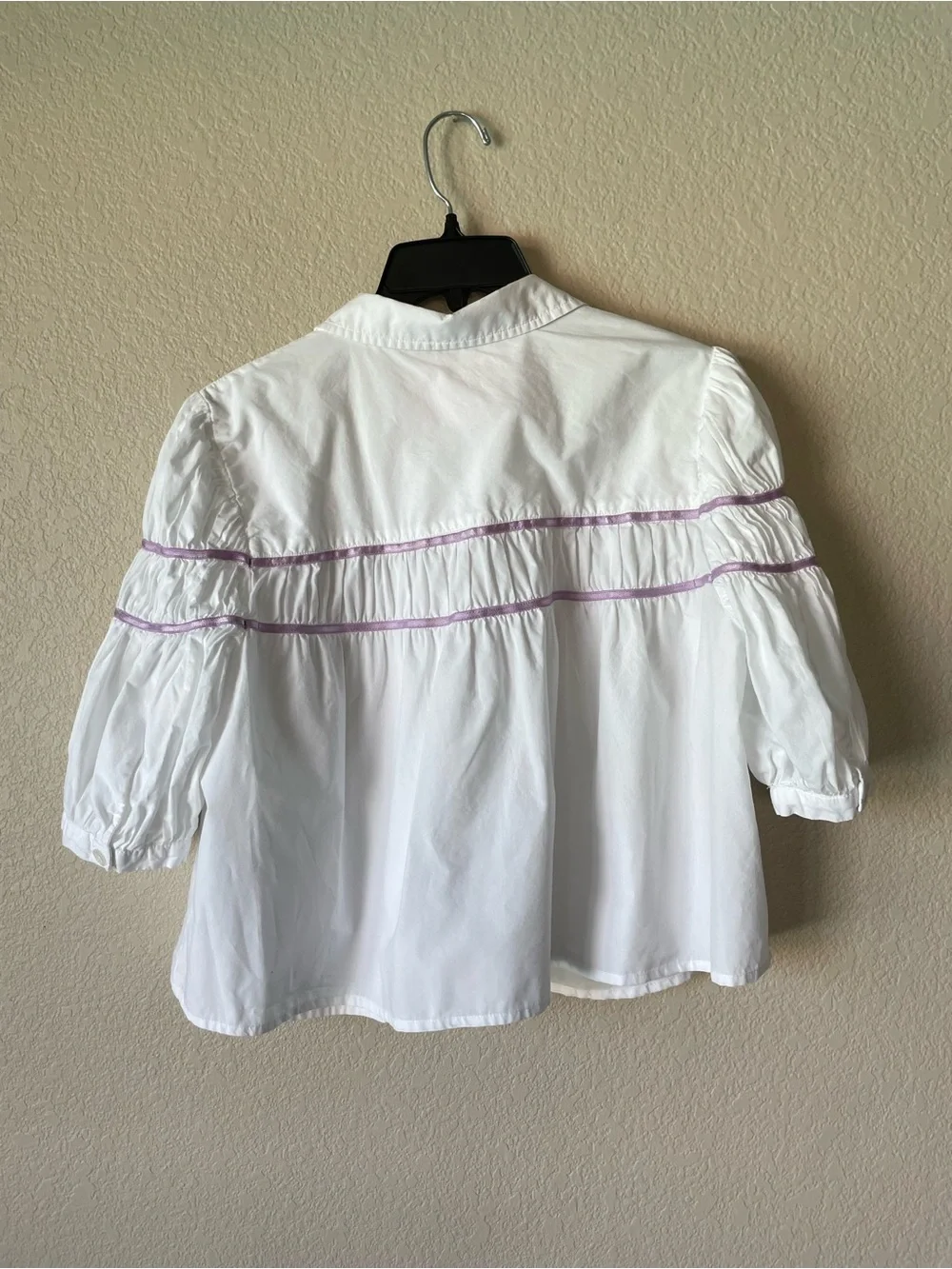 Anthropologie Maeve Leandra Yoke Shirred Blouse White Purple Ribbon Combo